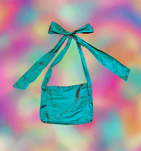 BLUE GREEN SATIN BOW BAG