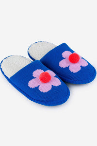 Flower Pom Slide Slippers in Cobalt-WORM