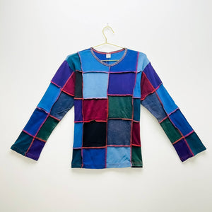 WORM-Patchwork Long sleeve Shirt-Blue Burgundy Green-front